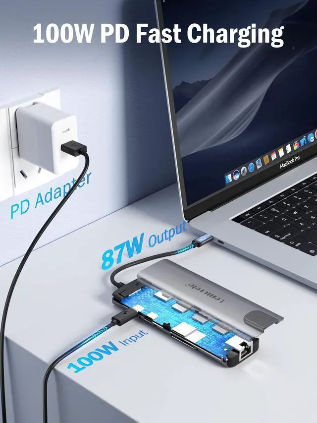 Alt view image 12 of 14 - USB C Hub Multiport Adapter 9 in 1 w/Gigabit Ethernet, 100W PD, HDMI 4K, 3 USB 2.0, 5Gbps USB C Data Port, SD/TF Card Reader, Dongle Docking Station for MacBook Lenovo HP Dell Laptops