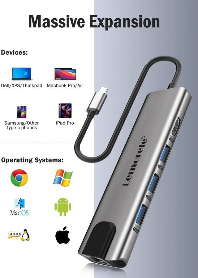 Alt view image 14 of 14 - USB C Hub Multiport Adapter 9 in 1 w/Gigabit Ethernet, 100W PD, HDMI 4K, 3 USB 2.0, 5Gbps USB C Data Port, SD/TF Card Reader, Dongle Docking Station for MacBook Lenovo HP Dell Laptops