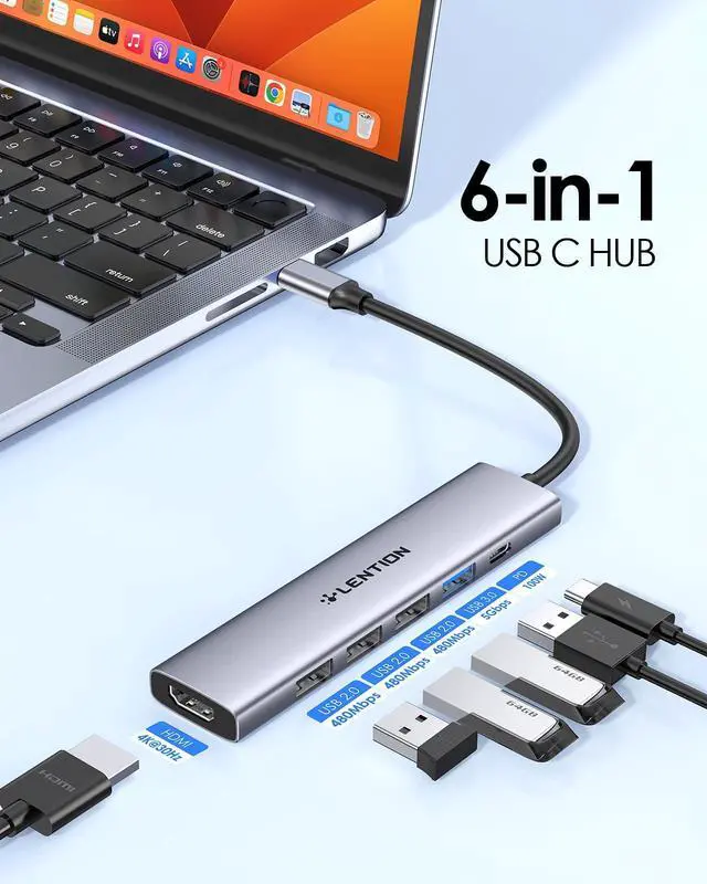 Alt view image 9 of 14 - 6-in-1 USB C Hub Multiport Adapter with 100W Power Delivery, 4K HDMI, 4 USB Ports, Compatible with MacBook Pro/Air, Surface, iPhone (CH17, Space Gray)