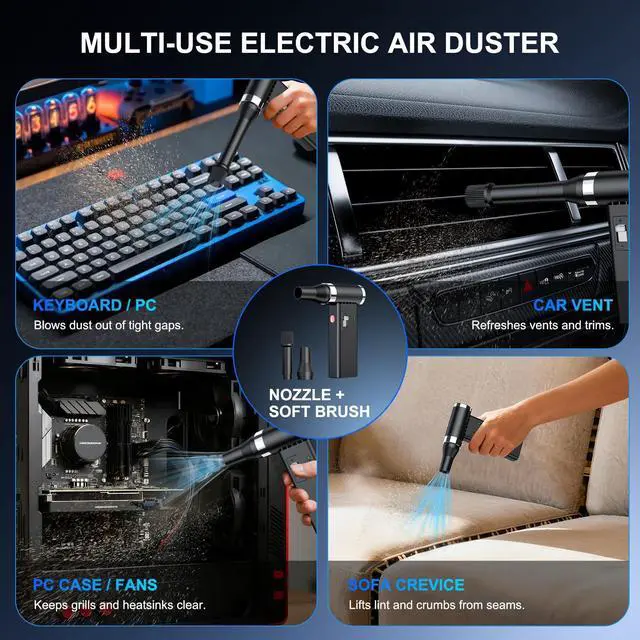 Alt view image 11 of 14 - Mini Ultra-Slim Electric Compressed Air Duster, 150,000RPM Brushless Motor, Powerful Airflow for Keyboard/PC/Car, USB-C Rechargeable