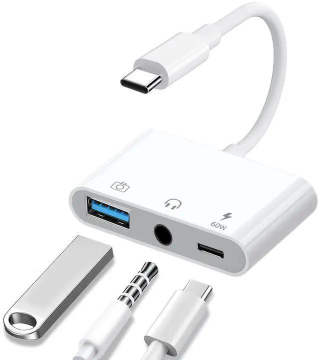 Alt view image 8 of 13 - Aux to USB C to USB Adapter, 3-in-1 USB OTG Adapter with USB C to 3.5mm Audio Adapter and 60W PD Fast Charging Port, Compatible with iPhone15/16/17, iPadPro, MacBook, Galaxy S23 and More