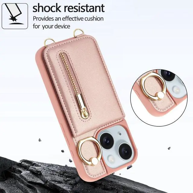 Alt view image 11 of 14 - Crossbody Wallet Case for iPhone 13/14 with Lanyard Strap Card Slot Holder RFID Blocking Ring Kickstand,Magnetic Flip Folio Zipper Purse Case, PU Leather Cover Handbag,Rose Gold