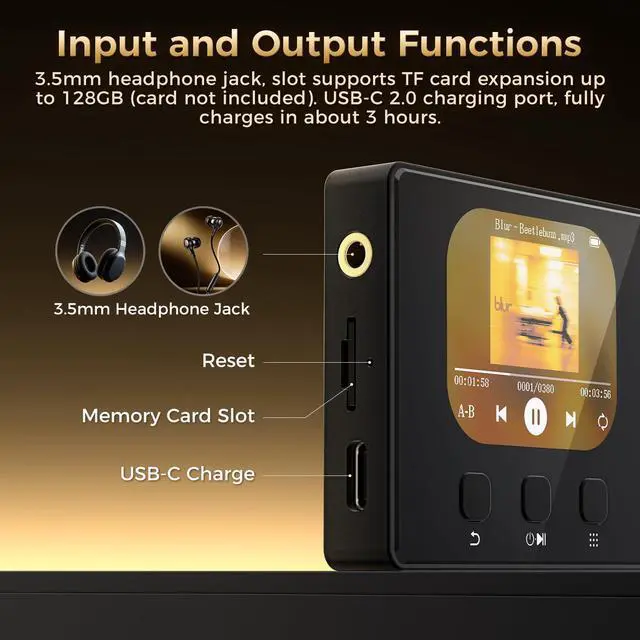 Alt view image 11 of 14 - MP3 Player with Bluetooth 5.3, Portable Digital Lossless Music Player, HiFi Lossless Sound, Built-in HD Speaker, FM Radio, Voice Recorder, Earphones Included, MP3 Player for Kids, Black