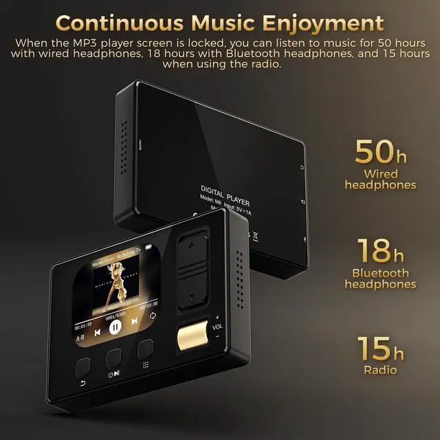 Alt view image 13 of 14 - MP3 Player with Bluetooth 5.3, Portable Digital Lossless Music Player, HiFi Lossless Sound, Built-in HD Speaker, FM Radio, Voice Recorder, Earphones Included, MP3 Player for Kids, Black