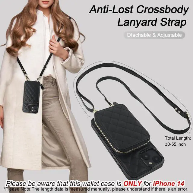 Alt view image 13 of 14 - Crossbody Wallet Case for iPhone 14, RFID Blocking PU Leather Zipper Handbag Purse Flip Cover, Kickstand Folio Case with Card Slots Holder Wrist Strap Lanyard 5G 6.1 Inch (Black)