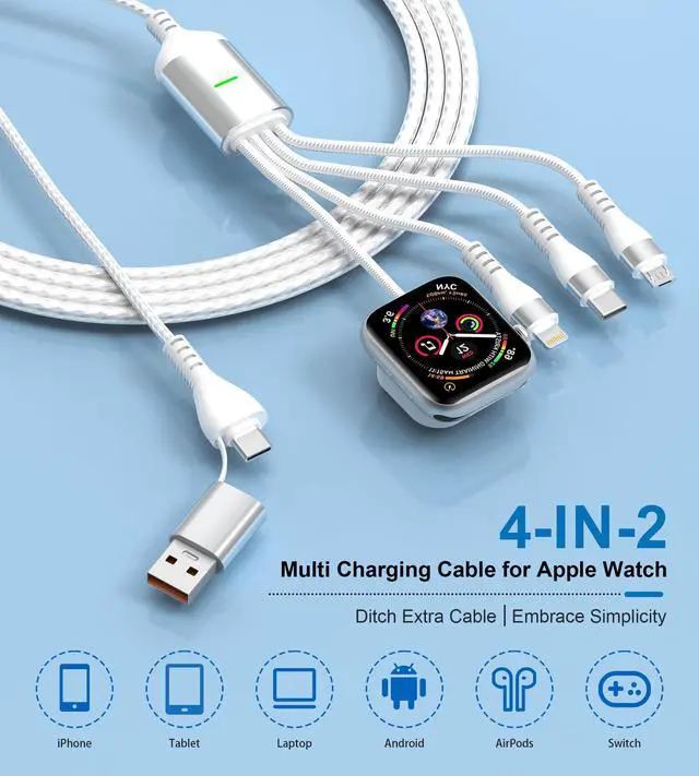 Alt view image 9 of 12 - Multi Charging Cable for Apple Watch - 100W 10ft 4-in-1 Fast Charger with Lightning, USB C, Micro USB & Apple Watch Charger for iWatch, iPhone, MacBook Pro - White