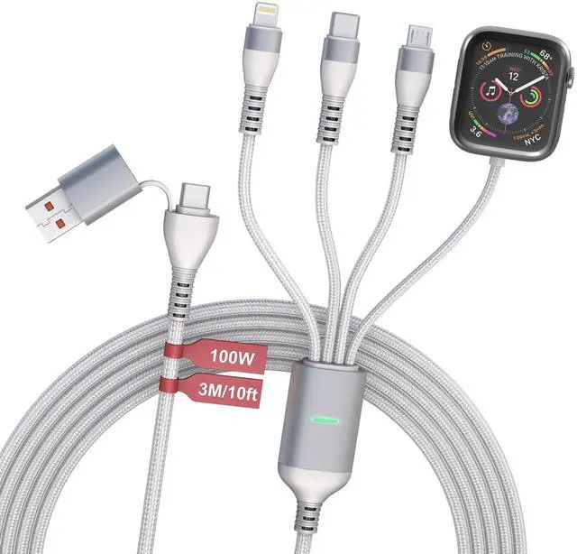 Alt view image 7 of 12 - Multi Charging Cable for Apple Watch - 100W 10ft 4-in-1 Fast Charger with Lightning, USB C, Micro USB & Apple Watch Charger for iWatch, iPhone, MacBook Pro - White