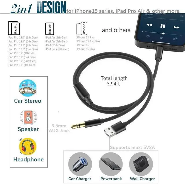 Alt view image 11 of 12 - USB C to Aux Cord, USB C to 3.5mm Audio Aux Jack and USB Charging Cable, Headphone Stereo Cord, Compatible with iPhone 15 16 Pro Max Plus, iPad Pro, Galaxy S23 S22 S21 S20 Ultra, Pixel, 4Ft