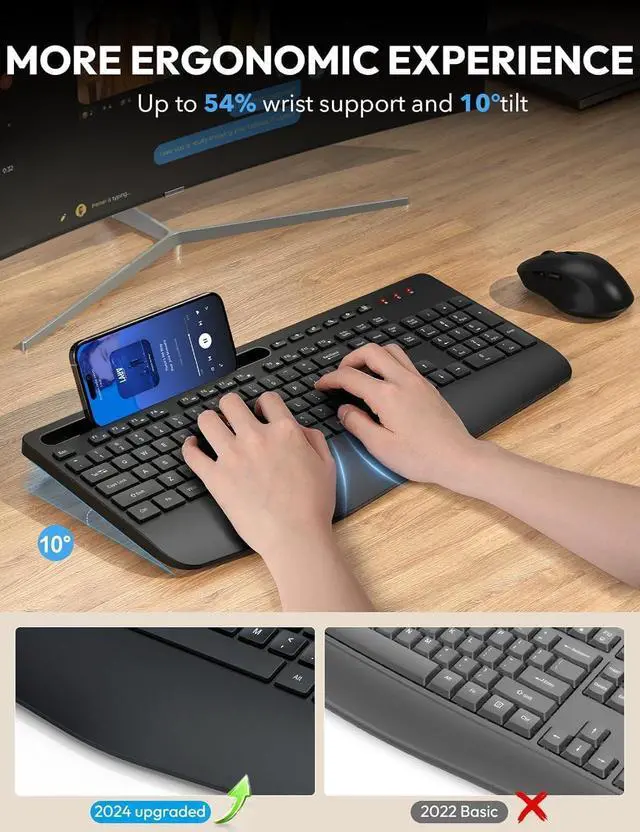 Alt view image 8 of 13 - Wireless Keyboard and Mouse Combo - Full Size Ergonomic Wrist Rest, Silent Typing, Phone Holder, 2.4 GHz, 3 Level DPI, Batteries Powered, Compatible with PC, Laptop, Windows, macOS
