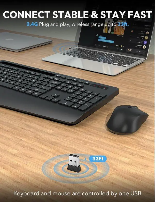 Alt view image 10 of 13 - Wireless Keyboard and Mouse Combo - Full Size Ergonomic Wrist Rest, Silent Typing, Phone Holder, 2.4 GHz, 3 Level DPI, Batteries Powered, Compatible with PC, Laptop, Windows, macOS
