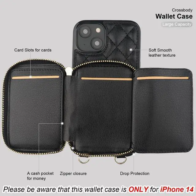 Alt view image 14 of 14 - Crossbody Wallet Case for iPhone 14, RFID Blocking PU Leather Zipper Handbag Purse Flip Cover, Kickstand Folio Case with Card Slots Holder Wrist Strap Lanyard 5G 6.1 Inch (Black)