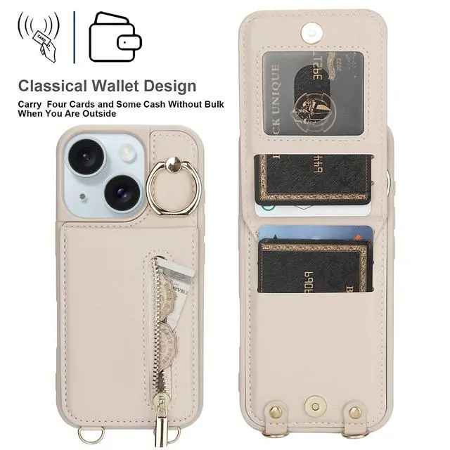 Alt view image 12 of 14 - for iPhone 13/14 Wallet Case with Strap Card Slot Holder RFID Blocking Ring Kickstand,Magnetic Flip Folio Zipper Crossbody Purse Case with Lanyard,PU Leather Cover Handbag,Beige