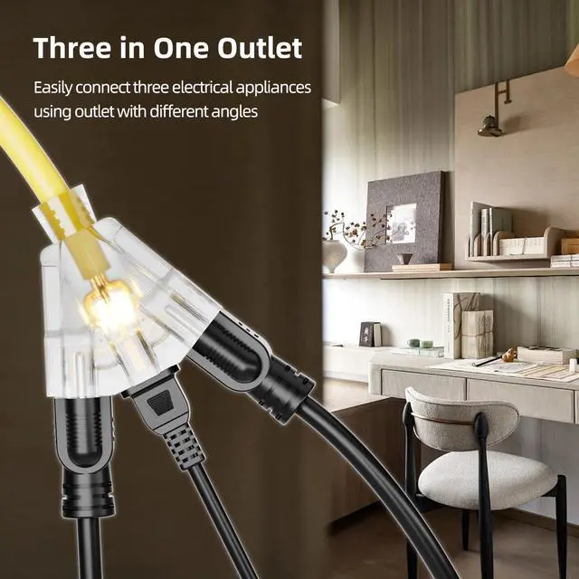 Alt view image 10 of 14 - 25 FT Outdoor Extension Cord with Multiple Outlets, 12 Gauge Heavy Duty Yellow Extension Cord Waterproof with 3 Outlet, 3 Prong Power Cord for Garden and Home Use Indicator Light, ETL Listed