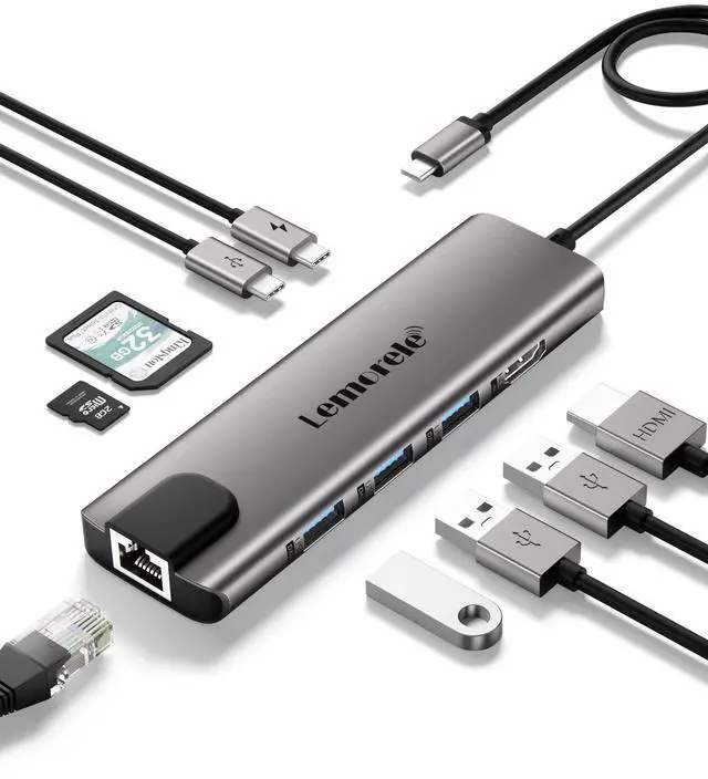Alt view image 8 of 14 - USB C Hub Multiport Adapter 9 in 1 w/Gigabit Ethernet, 100W PD, HDMI 4K, 3 USB 2.0, 5Gbps USB C Data Port, SD/TF Card Reader, Dongle Docking Station for MacBook Lenovo HP Dell Laptops