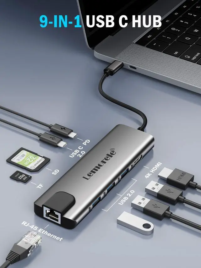 Alt view image 9 of 14 - USB C Hub Multiport Adapter 9 in 1 w/Gigabit Ethernet, 100W PD, HDMI 4K, 3 USB 2.0, 5Gbps USB C Data Port, SD/TF Card Reader, Dongle Docking Station for MacBook Lenovo HP Dell Laptops