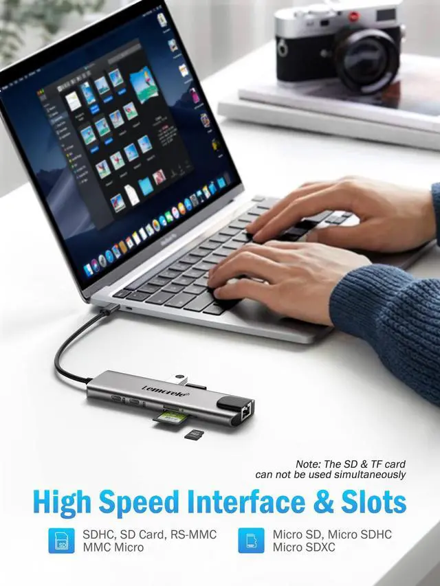 Alt view image 13 of 14 - USB C Hub Multiport Adapter 9 in 1 w/Gigabit Ethernet, 100W PD, HDMI 4K, 3 USB 2.0, 5Gbps USB C Data Port, SD/TF Card Reader, Dongle Docking Station for MacBook Lenovo HP Dell Laptops