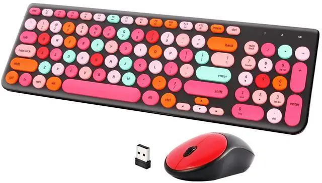 Alt view image 8 of 14 - Wireless Keyboard and Mouse Combo, Retro Typewriter Keyboard with Round Keycaps, 2.4GHz USB Cute Wireless Keyboard Mouse for Computer, Desktop, Laptop and Computer (Black-Colorful)