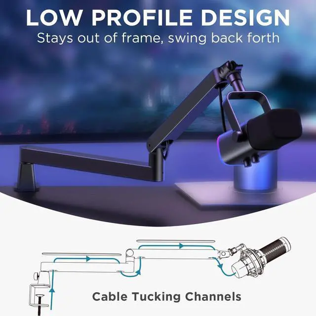 Alt view image 10 of 14 - 2026 Upgraded Microphone Boom Arm, Magnetic Cable Management Low Profile Mic Stand 360° Rotatable Desk Mount for Fifine AM8 K669B Blue Yeti HyperX QuadCast SoloCast AT2020, Black