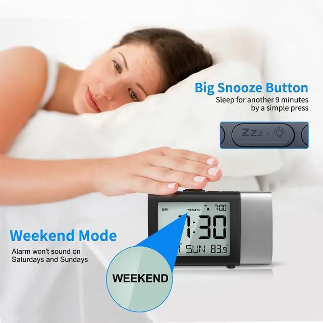 Alt view image 14 of 14 - Projection Alarm Clock for Bedroom: Digital LCD Clock with Temperature Date Snooze 12/24H and Weekend Mode, Easy Set Dimmer Clock with 2-Levels Volume, Mains and Battery Operated (Blue)