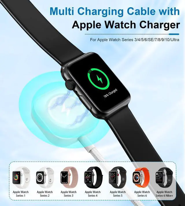 Alt view image 8 of 12 - Multi Charging Cable for Apple Watch - 100W 10ft 4-in-1 Fast Charger with Lightning, USB C, Micro USB & Apple Watch Charger for iWatch, iPhone, MacBook Pro - White