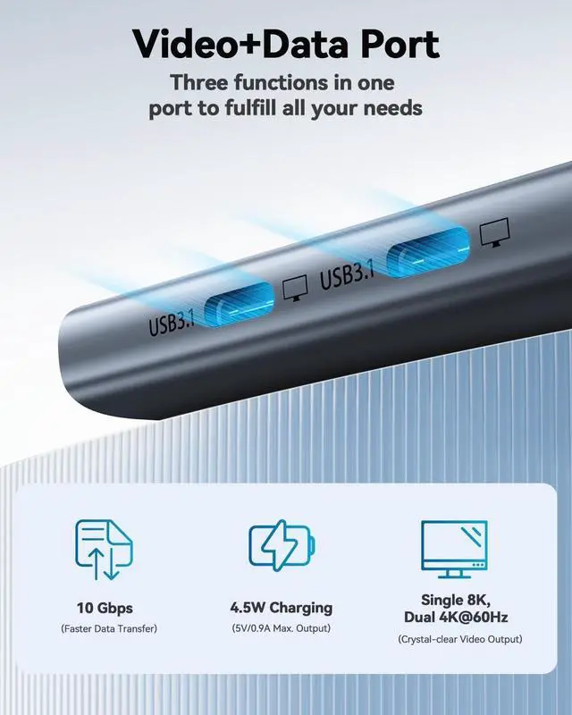 Alt view image 14 of 14 - USB C Hub,Multiple Converter Adapter 5 in 1,Type C Splitter Extender with Single 8K,Dual 4K/60Hz,10Gbps Data Transfer,PD 100W,for MacBook Pro,iMac,HPM1/M2 only 1 Display