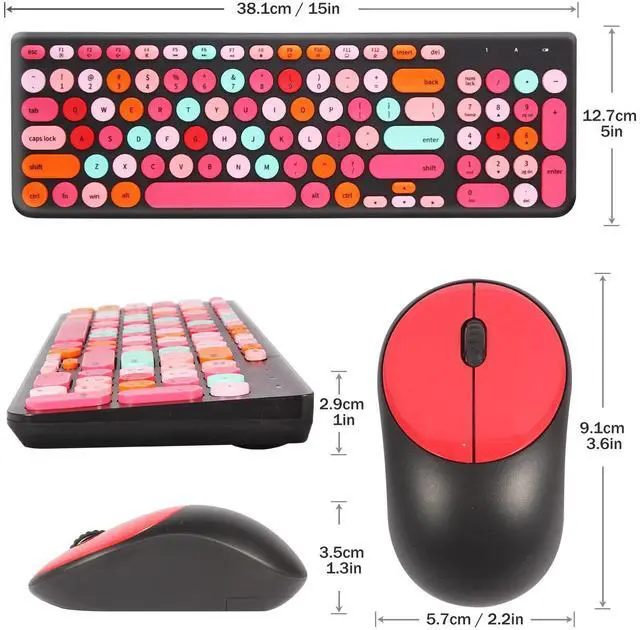 Alt view image 14 of 14 - Wireless Keyboard and Mouse Combo, Retro Typewriter Keyboard with Round Keycaps, 2.4GHz USB Cute Wireless Keyboard Mouse for Computer, Desktop, Laptop and Computer (Black-Colorful)