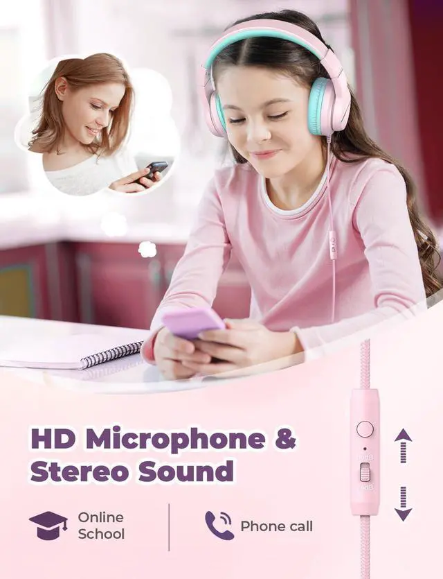 Alt view image 11 of 14 - HS19 Kids Headphones with Microphone for School, Safe Volume Limited, Over-Ear Girls Boys Headphones for Kids with Shareport, Foldable Wired for iPad/Travel (Pink)