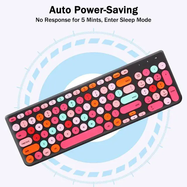 Alt view image 10 of 14 - Wireless Keyboard and Mouse Combo, Retro Typewriter Keyboard with Round Keycaps, 2.4GHz USB Cute Wireless Keyboard Mouse for Computer, Desktop, Laptop and Computer (Black-Colorful)