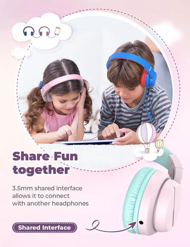 Alt view image 10 of 14 - HS19 Kids Headphones with Microphone for School, Safe Volume Limited, Over-Ear Girls Boys Headphones for Kids with Shareport, Foldable Wired for iPad/Travel (Pink)