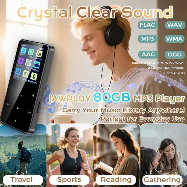 Alt view image 9 of 14 - 16GB+64GB MP3 Player with Bluetooth Portable HiFi Music Player with HD Speaker, Lossless Sound, FM Radio, Voice Recorder, Touch Buttons, E-Book (Earphones & 16GB + 64GB Card Included, Alloy Metal)