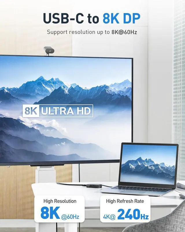 Alt view image 8 of 12 - 4K@240Hz USB C Hub DisplayPort 1.4 with 100W Charging, Support 8K@60Hz, HDR(Foldable USB C to DisplayPort Hub) Compatible with Thunderbolt 4, MacBook, XPS, iPad Pro, iPhone 16/15 Pro