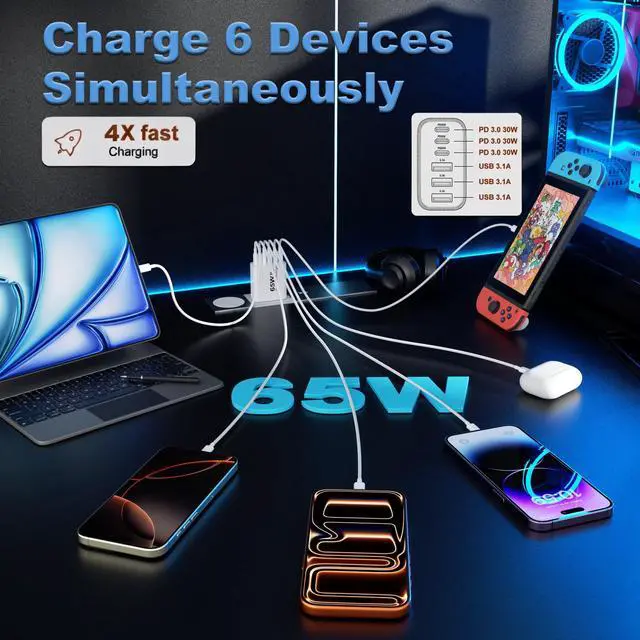 Alt view image 8 of 12 - USB C Charger Block, 2-Pack 65W 6-Port USB C Wall Charger iPhone Charger Fast Charging PD Power Adapter+QC Wall Plug Multiport Type C Brick Chargers for iPhone 17 16 15 14 13 12 11 Pro Max XS,Samsung