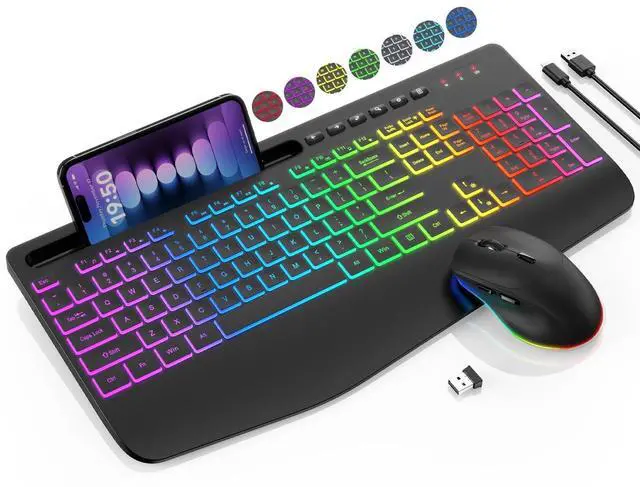 Alt view image 8 of 14 - Wireless Keyboard and Mouse Combo - 9 Backlit Effects, RGB, Ergonomic Wrist Rest, Phone Holder, 2.4G Full Size, Rechargeable, Sleep Mode, Quiet Keyboard Set for Computer, PC, Laptop, Mac, Windows