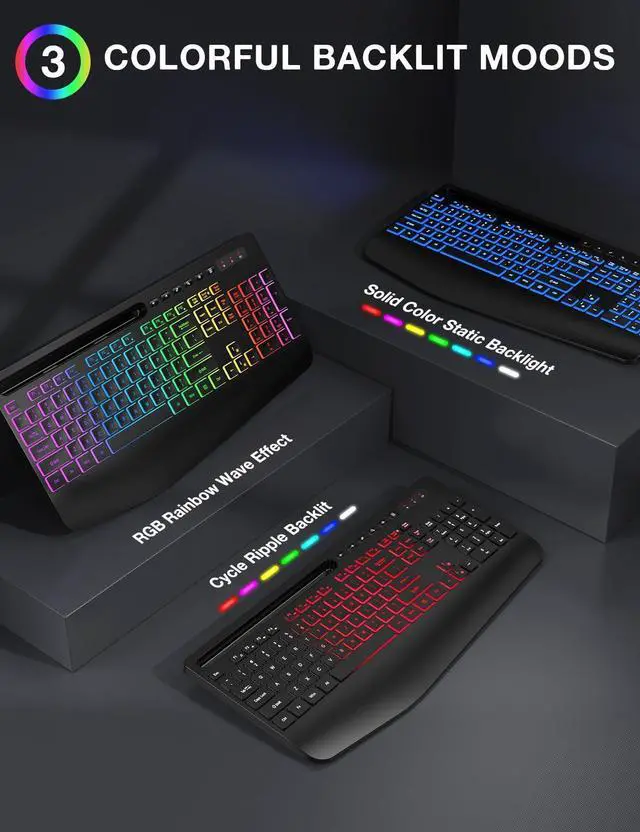 Alt view image 9 of 14 - Wireless Keyboard and Mouse Combo - 9 Backlit Effects, RGB, Ergonomic Wrist Rest, Phone Holder, 2.4G Full Size, Rechargeable, Sleep Mode, Quiet Keyboard Set for Computer, PC, Laptop, Mac, Windows
