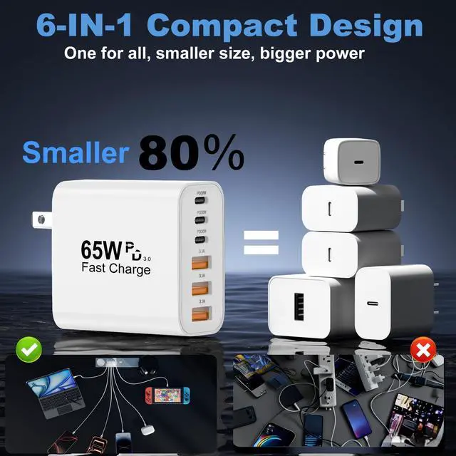 Alt view image 11 of 12 - USB C Charger Block, 2-Pack 65W 6-Port USB C Wall Charger iPhone Charger Fast Charging PD Power Adapter+QC Wall Plug Multiport Type C Brick Chargers for iPhone 17 16 15 14 13 12 11 Pro Max XS,Samsung