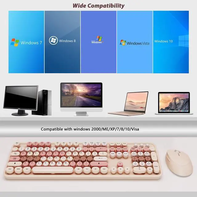 Alt view image 12 of 14 - Wireless Keyboard and Mouse, Cute Keyboard and Mouse, 2.4G Wireless Keyboard with Retro Round Keycap for PC, Mac, Laptop,Computer Windows (Milk Tea)