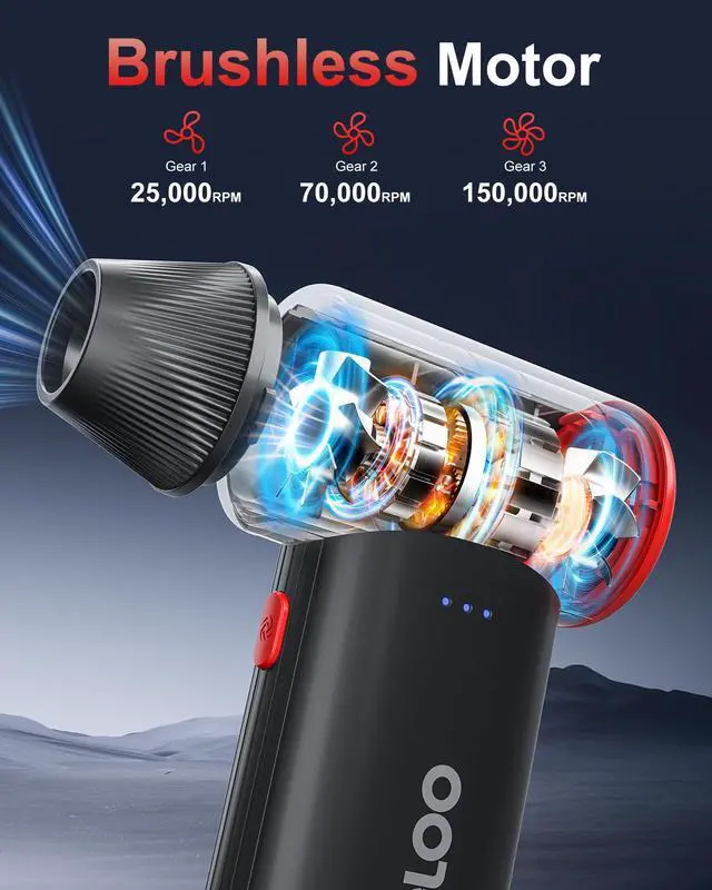 Alt view image 9 of 14 - F3 Compressed Air Duster, 150000RPM Duster for Cleaning, 3-Gear Rechargeable Electric Air Blower with Fast Charging, Cordless Mini Blower for PC, Computer, Car, Keyboard, Outdoor