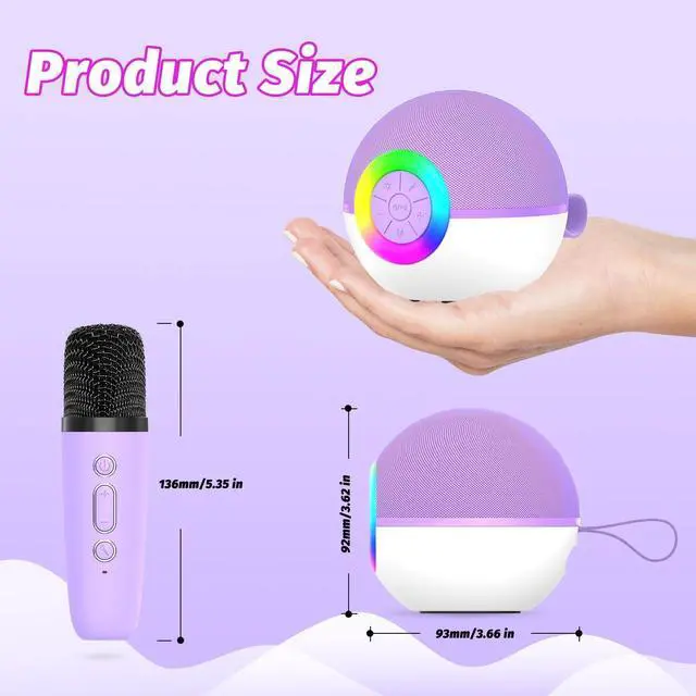 Alt view image 10 of 14 - Mini Karaoke Machine Speaker for Kids Adults, Portable Bluetooth Microphone Song Toys with LED Light, Best Chritmas Birthday Festival Gift for 3 4 5 6 7 8+ Year Old Girls Boys (Purple-2MIC)