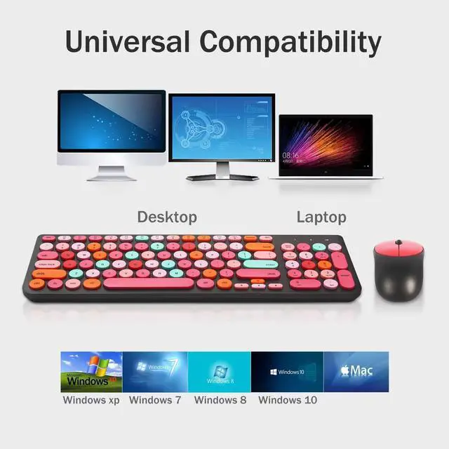 Alt view image 12 of 14 - Wireless Keyboard and Mouse Combo, Retro Typewriter Keyboard with Round Keycaps, 2.4GHz USB Cute Wireless Keyboard Mouse for Computer, Desktop, Laptop and Computer (Black-Colorful)