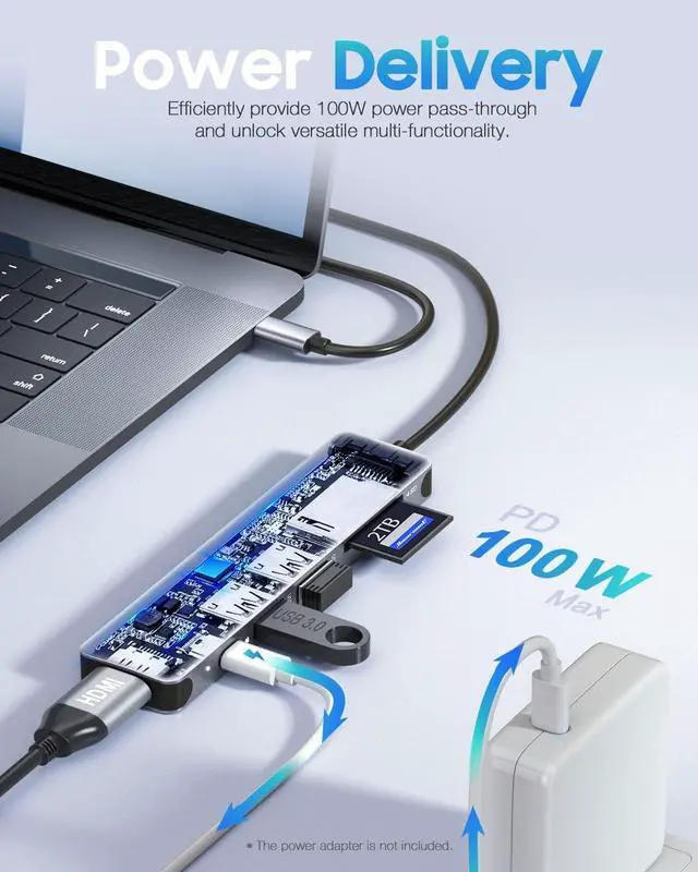 Alt view image 9 of 12 - USB C Hub for MacBook 7-in-1 USBC Adapter with 4K HDMI, 100W PD, USB 3.0 5Gbps Ports, SD/TF Card Reader USB-C Dongle for Office, Meetings, Travel & Home Setup-Space Grey