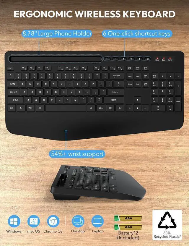 Alt view image 12 of 13 - Wireless Keyboard and Mouse Combo - Full Size Ergonomic Wrist Rest, Silent Typing, Phone Holder, 2.4 GHz, 3 Level DPI, Batteries Powered, Compatible with PC, Laptop, Windows, macOS