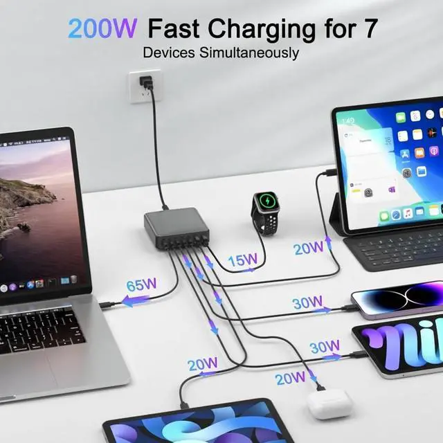 Alt view image 3 of 6 - 200W USB C Charger, 7-Port Desktop USB C Charging Station, 65W Laptop Charger Compatible with MacBook Pro/Air,iPhone 16/15/14/Mini/Pro/13Pro Max/12