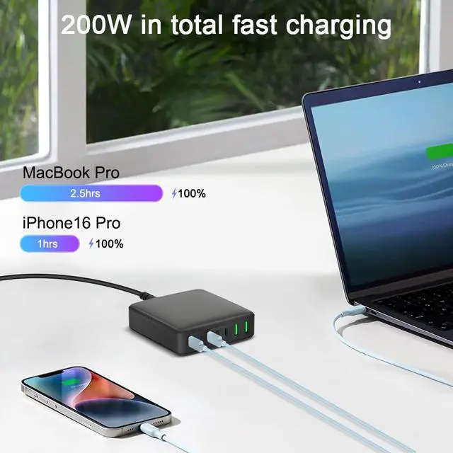 Alt view image 4 of 6 - 200W USB C Charger, 7-Port Desktop USB C Charging Station, 65W Laptop Charger Compatible with MacBook Pro/Air,iPhone 16/15/14/Mini/Pro/13Pro Max/12