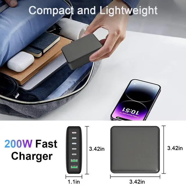 Alt view image 6 of 6 - 200W USB C Charger, 7-Port Desktop USB C Charging Station, 65W Laptop Charger Compatible with MacBook Pro/Air,iPhone 16/15/14/Mini/Pro/13Pro Max/12
