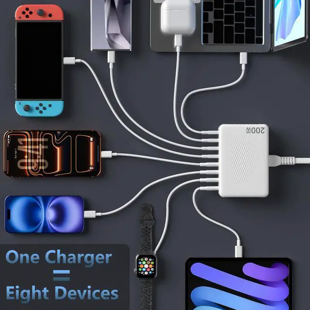 Alt view image 2 of 7 - 200W GaN 8-Port USB C Charging Station, PD 65W Multi-Device Charger