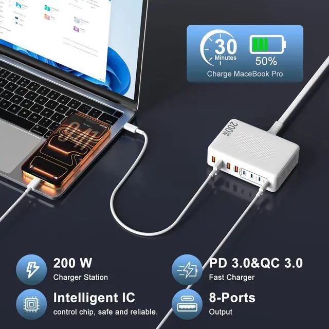 Alt view image 5 of 7 - 200W GaN 8-Port USB C Charging Station, PD 65W Multi-Device Charger