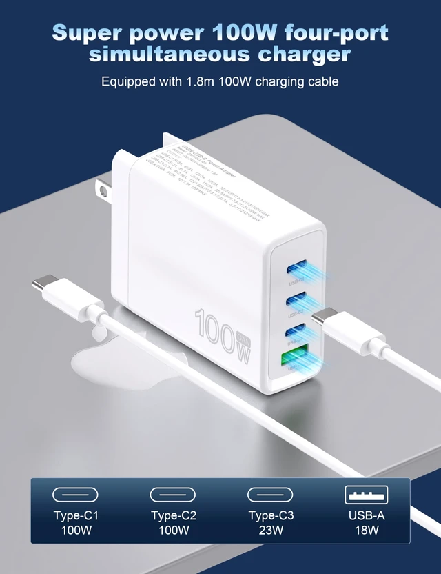 Alt view image 2 of 14 - YOBVTBF 100W USB C Charger GaN 4 Port Type C Charging Station Hub Block Wall Charger Power Strip Adapter Plu Compatible with MacBook Pro/Air iPad iPhone16/15/14/13 Pro Max Dell XPS Pixel Note Galaxy