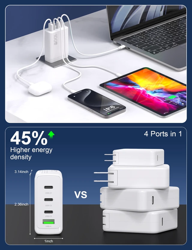 Alt view image 3 of 14 - YOBVTBF 100W USB C Charger GaN 4 Port Type C Charging Station Hub Block Wall Charger Power Strip Adapter Plu Compatible with MacBook Pro/Air iPad iPhone16/15/14/13 Pro Max Dell XPS Pixel Note Galaxy