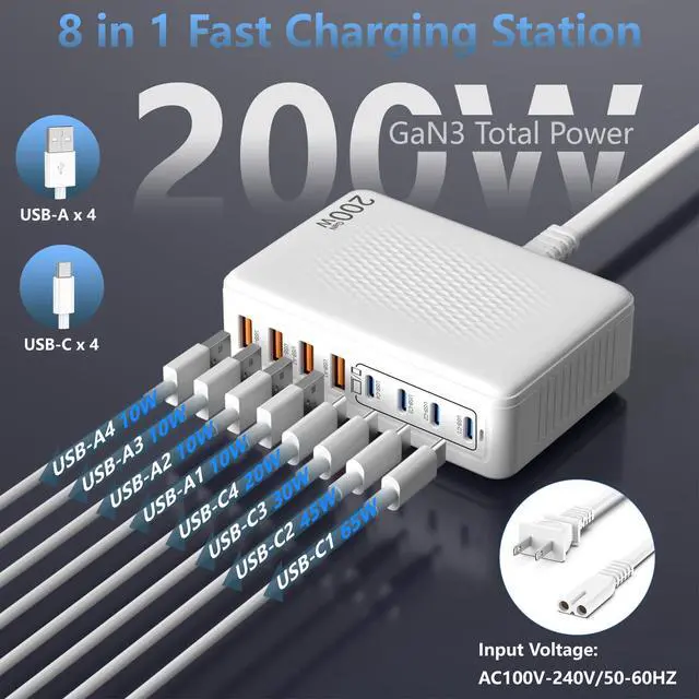 Alt view image 3 of 7 - 200W GaN 8-Port USB C Charging Station, PD 65W Multi-Device Charger