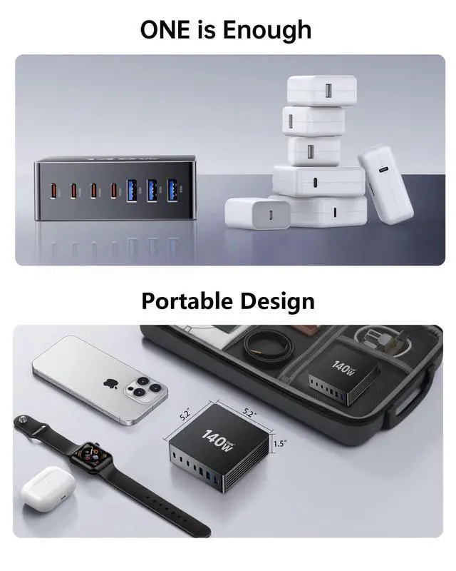 Alt view image 5 of 7 - USB C Charging Station, 140W GaN III 7 Port Fast Charger Station, PD 3.0 USB Charging Station for Multiple Devices, Multiple USB C Charger Station for iPad iPhone Samsung Android (2 Pack, Black)